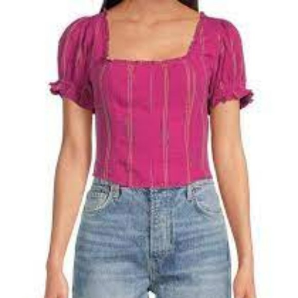 NWT Free People Seratonin Smocked Blouse Striped Raspberry Sherbert Size Medium - Picture 1 of 14